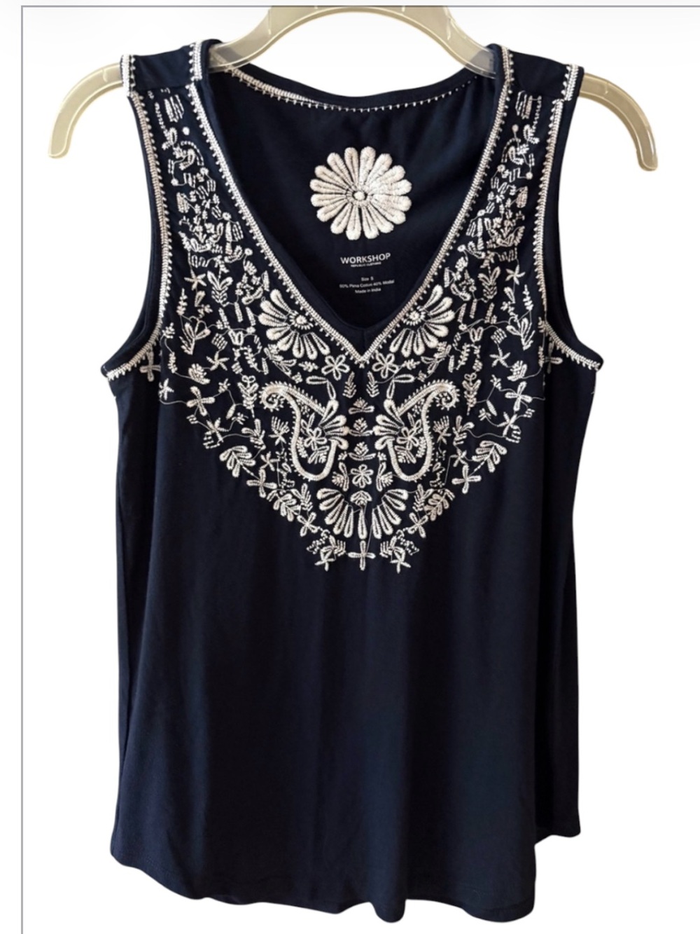NWOT Workshop Republic Clothing Navy Tank with White Floral Embroidery Size S